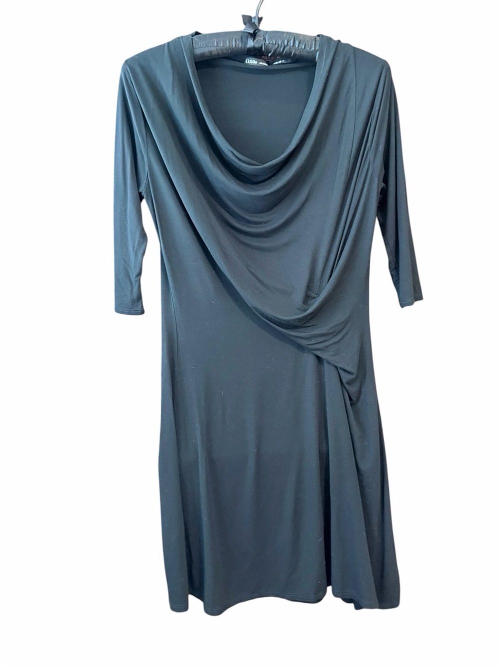 Link Los Angeles Black Draped Jersey Cowl boat Neck Faux Wrap lightweight Dress